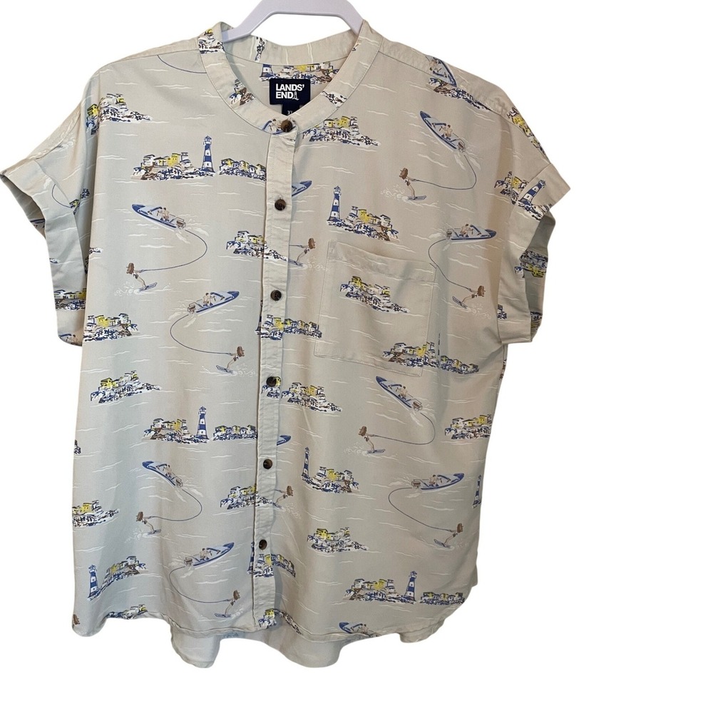 Lands End Womens XL 18 Nautical Water Skiing Lighthouse Print Beige Camp Shirt